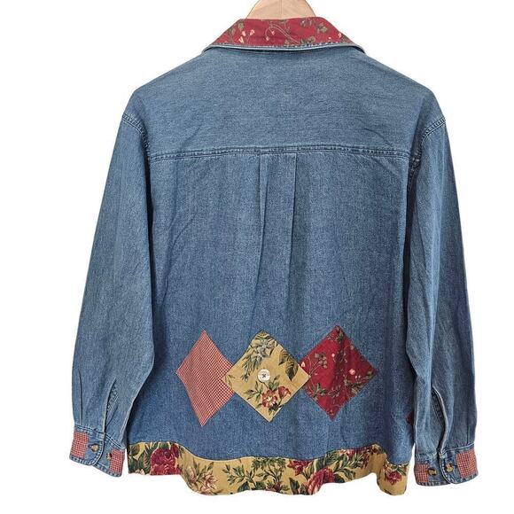 Vintage 90s Denim Blouse Womens Small Red Patchwork Cottagecore Lace Flowers - Picture 2 of 9